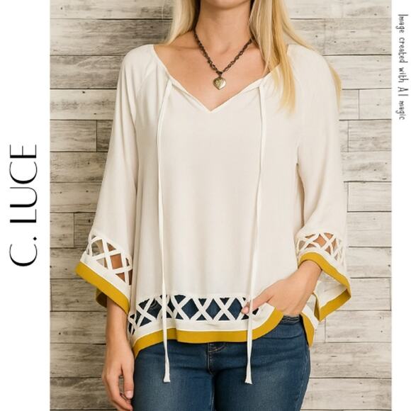 C. LUCE Ivory & Ecru Lattice Trim Peasant Blouse, S - Picture 1 of 8